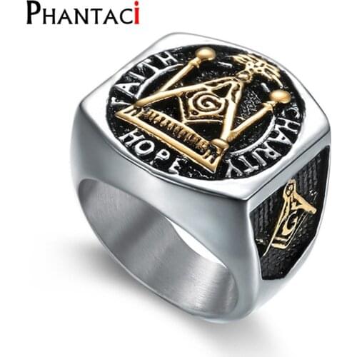 Big Stainless Steel Rings For Men Mason Freemasonry Retro Mens Ring Masonic Vintange Mens Rings Hiphop Silver Color Anillos Bag