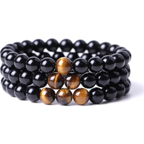 Distance 8mm Bright Black Beads Tiger Eye Stone Men Bracelet Women Lovers Bracelet Hip Hop Wristband Jewelry Cool Hand String