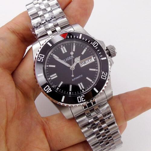 Sapphire Mens Automatic Watch Japan NH36 Movement Day/Date Display Black Face 316L Jubilee Band Ceramic Rotating Bezel