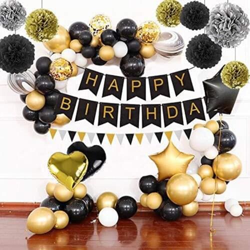 Black Golden Foil Balloons Happy Birthday Party Decorations for Adult Banner Tissue Paper PomPoms Anniversary Gift Supplies
