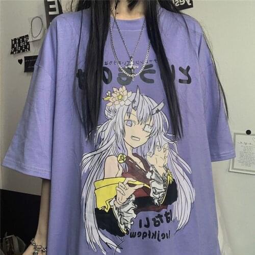 Cartoon T-shirt women summer Purple T-shirt female harajuku oversized punk amine T-shirt short sleeve hip hop tshirt streetwear