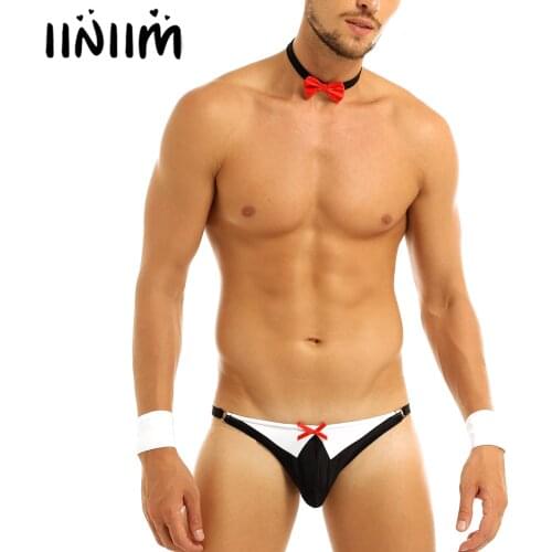 Iiniim Mens Lingerie Set Jockstraps Lingerie Panties Bow Tie Tuxedo Thong G-string Briefs with Collar for Costumes Cosplay Party