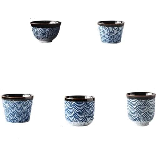 Ceramic Teacup Wave Pattern Tea MugUnder Glazed Painted Tea Bowl Traditional Vintage Tea Cup Handmade 80 and 200ml