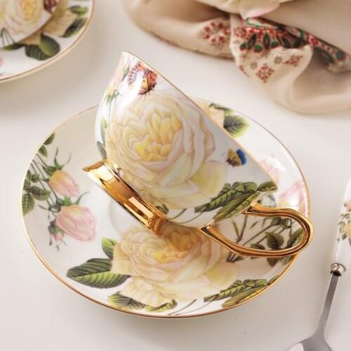 Bone China Coffee Cups And Saucers 220ml Coffeeware Pastoral Rose Espresso Cup Latte Porcelain Mug Gift For Wedding Birthday