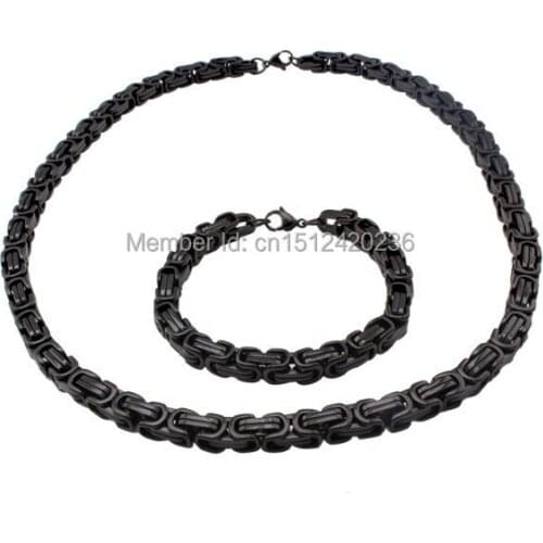 One Set Strong Black Tone Square Byzantine Chain Necklace & Bracelet Set Stainless Steel Jewelry Set In Mens Birthday Gifts