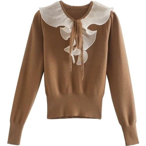 ZA 2020 New Women Slim Fit Knitting Sweater Casual Femme O-Neck Long Sleeve Pullover High Street Lady Ruffle Decoration Tops