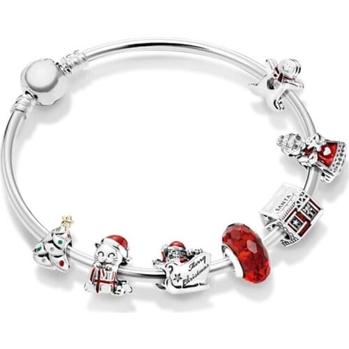 NEW 100% 925 Sterling Silver New 1:1 Festive Winter Christmas Bracelet Set Charming Fashion Elegant Charm Jewelry Gift
