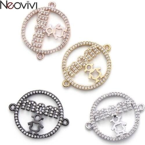 Neovivi Kid Mom Letter Charm Round Hollow Lovely Charms for Jewelry Making White Cubic Zirconia Spacer Beads Mother Women Gift