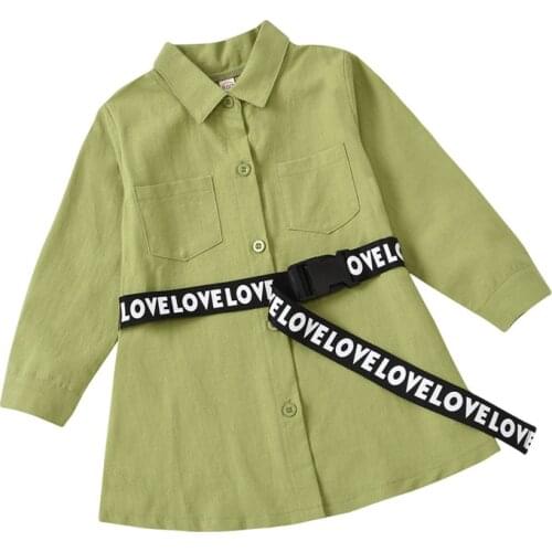 1-6 Years Kids Girls Dress Shirt Solid Green Turn-Down Collar Long Sleeves Shirt For Girls Dress With Letter Printing Waist Belt