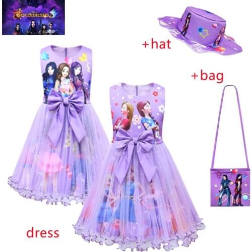 Descendants 3 Mal Evie Girls Tutu Dress Princess Clothes Kids Cosplay Costume Princess Girls Birthday Party Dresses with Hat Bag