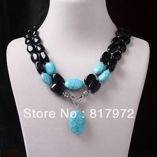 Simple Style Double Chain Glamour Black bead inlay light blue Bead Dangle Necklace Woman Party