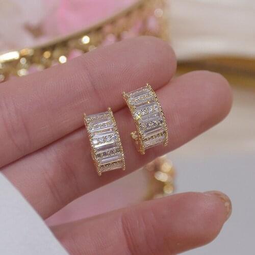 Luxury Cubic Zircon CZ Simple Style C Stud Earrings for Women Japanese&Korea New Style 14K Real Gold Earrings