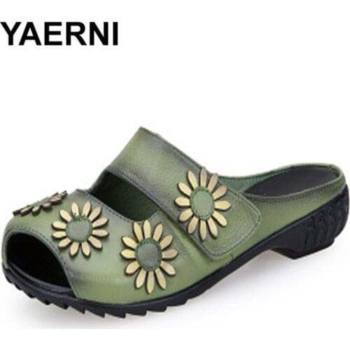 YAERNI 2021 Ethnic Style Genuine Leather Women Shoes Flat Slippers Handmade Flower Cow Leather Women Slides