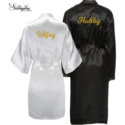 Sisbigdey Hubby Wifey Robes bride groom robe gold writing couples wedding matching Couple kimono pajamas Mr. Mrs. Robes