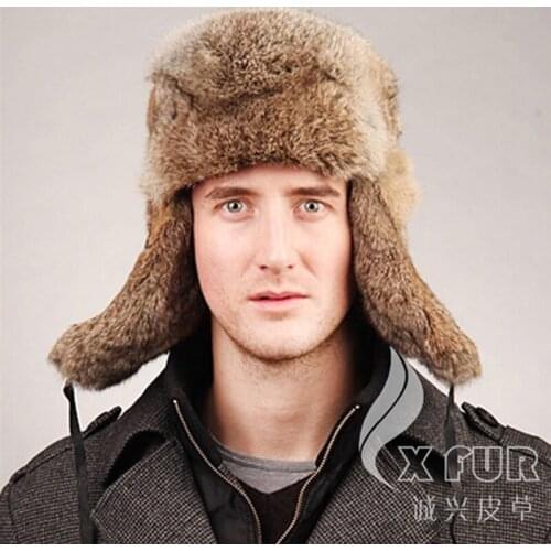 CX-C-26B European Earflap Design Mens Cap Genuine Rabbit Fur Russian Hat