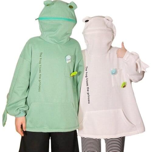 Cartoon Frog Head Hoodies Women Zipper Mouth Hooded Plush Thick Sweatshirt Female Autumn Winter Student Loose Friedstreet Jacket