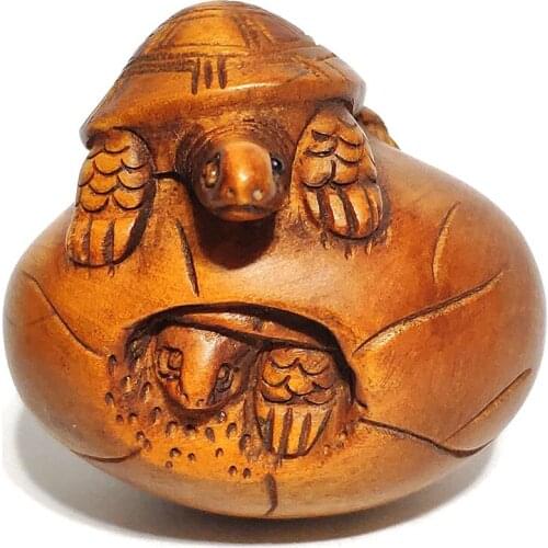 Y7198 - 2'' Hand Carved Japanese Boxwood Netsuke Figurine Carving : Turtles