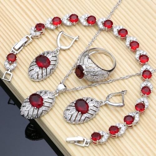 Red Birstone Jewelry Sets Silver 925 Bridal Jewelry GiftsFor Women Earrings/Pendant/Rings/Bracelet/Necklace Set Dropshipping