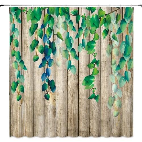 Green Leaf Shower Curtains Watercolor Plant Vine Vintage Wooden Board Bathroom Decor Bath Waterproof Polyester Cloth Curtain Set