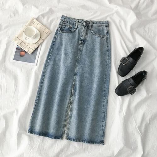 New Women Fashion High Waist Cotton Jean Skirt Sexy Split Bleached Bodycon Denim Skirts Female Casual Washed Midi Skirts