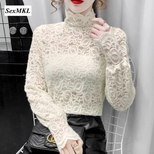 Sexy Lace Blouses Women 2020 Fashion Long Sleeve Hollow Out Casual Ladies Tops Summer Korean Clothes Slim Black Camisas Mujer