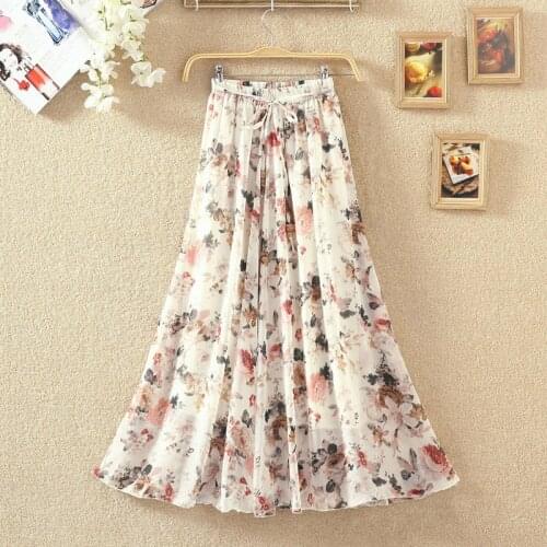 Women Casual Long Skirt Print Floral Big Hem Folds A Line Skirt Slim Sweet Cute Bohemian Style Beach Seaside Daily Travel 2021