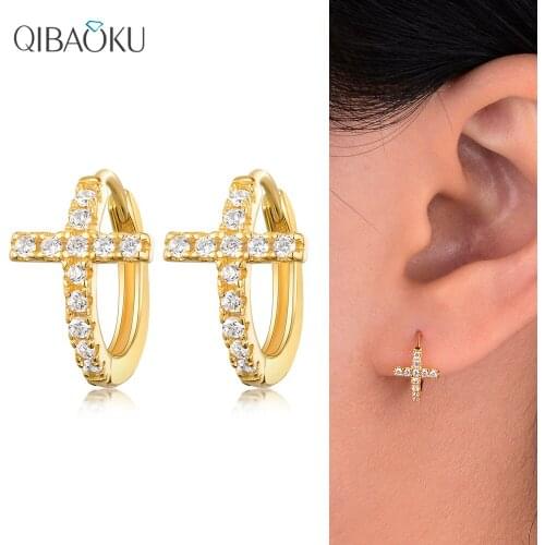 S925 Sterling Silver Hoop Earrings Cross Gold Zircon Earrings for Women Men Gift Pendant Cross Earrings Fine Ear Jewelry