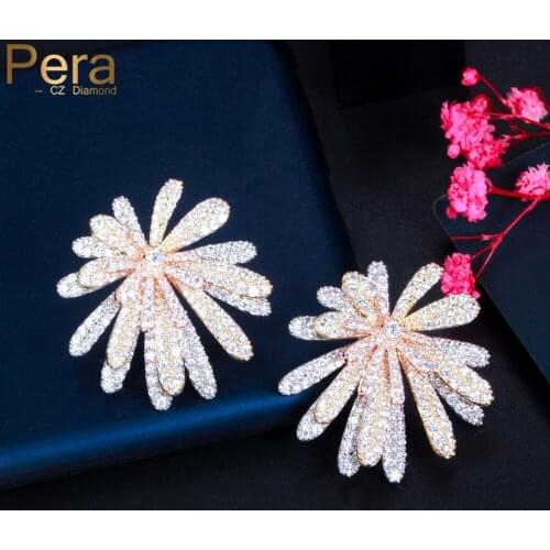 Pera Exaggerated Large Flower Drop Shiny CZ 3 Tone Gold Multi-Layer Petals Stud Earring for Women Celebration Party Jewelry E744