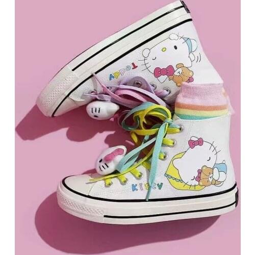 Womens Canvas Shoes High-top Flat Canvas Shoes Hand-painted Couple Student Sneakers Hello Kittyed Shoes for Women Sneakers