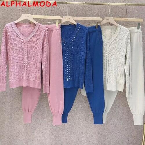 ALPHALMODA 2021 Winter New Solid Beaded Sweater Pencil Trousers Women 2pcs Knitting Suits Pullover Jumpers Pants 2pcs Set