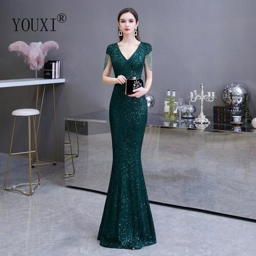Dark Green Sequin Prom Dresses 2020 YOUXI Sexy V-Neck Cap Sleeve Beading Mermaid Long Party Dress Vestido de Festa