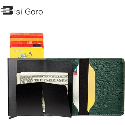 BISI GORO 2-colors Patchwork Business Card Holders Credit Card Case RFID Anti-theft Aluminum Holder Minimalist Slim Wallet 2021