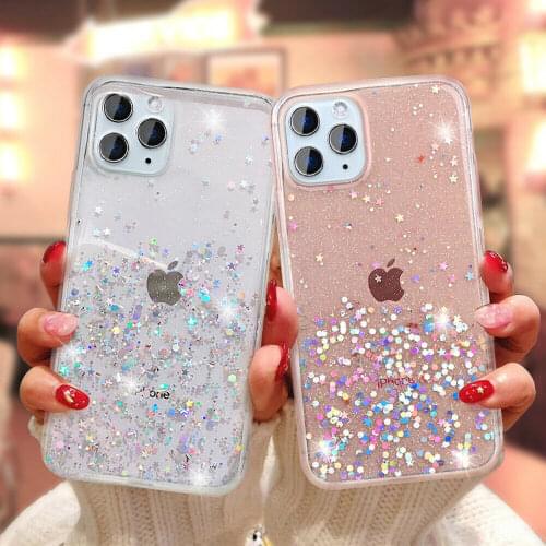 Bling Glitter Transparent Phone Case For iPhone 12 11 Pro Max Mini XS X XR 7 8 6 6S Plus SE 2 Soft Silicone Stars Sequins Cover