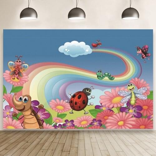 Ladybug Insects Among Rainbow Flowers Background Child Birthday Party Photography Backdrop Baby Shower Studio Banner Wallpaper