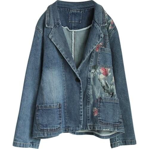 Denim Printed Blazers Women Autumn Fashion Plus Size Outerwear Vintage Classic Basic Jacket Long Sleeve Casual Pocket Clothes