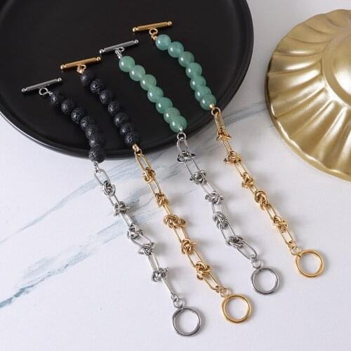 Statement Black Green Natural Stone Beaded Bracelets For Women Gold Metal Knot Chain Stainless Steel Bracelets Jewelry Gift