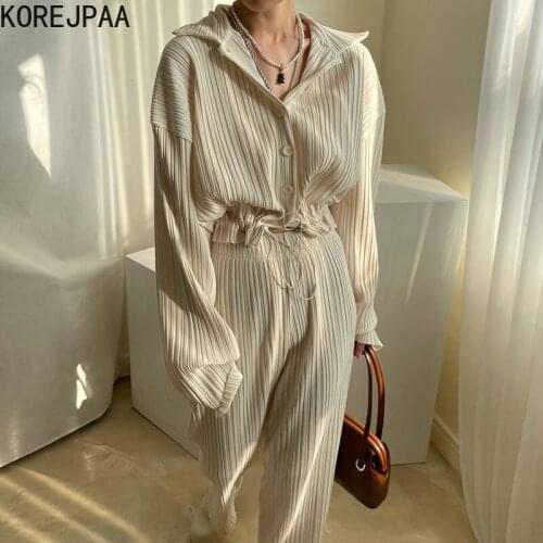 Korejpaa Elegant Fashion Pant Sets Drawstring Slim Waist Blouses High Waist Long Pants Women Two Pieces Outfits Korea Retro