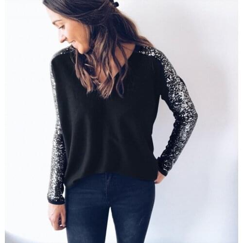 Basic T Shirt Women Sexy V-neck Sequined Long Sleeve Women Tops Spring Autumn Tee Shirt Women Korean Style T-Shirt Cotton Tshirt