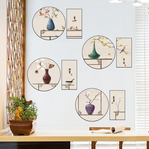 Chinese Style Wall Stickers Flowers Vase Living Room Bedroom Home Decor PVC Door Window Stickers
