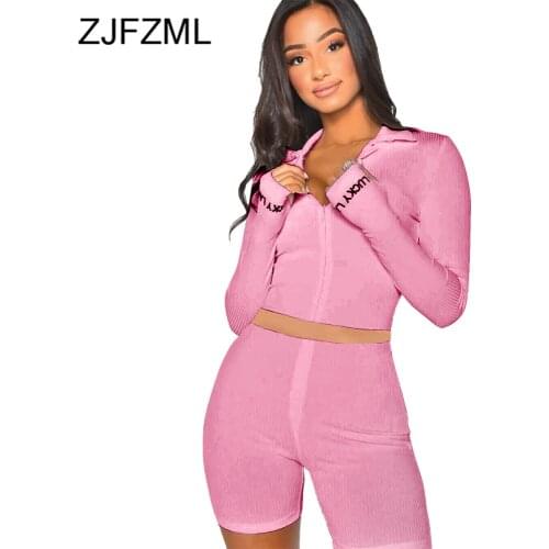 Embroidery Lucky Label 2 Two Piece Set Women Outfit Activewear Long Sleeve Zipper Crop Top Biker Shorts Elastic Female Tracksuit