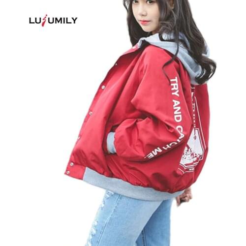 Lusumily Bomber Jacket Women Casual Hooded Loosen Jacket Student Harajuku Coat Oversize Coats Female Basic Jacket Windbreaker