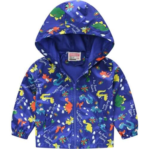 Spring Zipper Jacket Boys Girls Cartoon Children Clothes Autumn Dinosaur Hooded Coat Windproof & Waterproof Jackets 2-6 Year Old