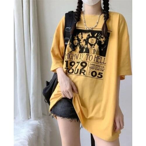 Summer Anime Harajuku Streetwear T-shirts Kawaii Yellow Pattern Casual Tshirt Women White Loose Oversized Hip Hop T shirt Tops