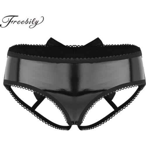 Hot Black Women Cut Cage-Back Hipster Panty Lingerie Wet Look Faux Leather Bowknot Low Rise Mini Briefs Underwear