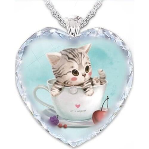 Fashion Creative Cute Cat Pattern Necklace Heart Shape Crystal Pendant Jewelry