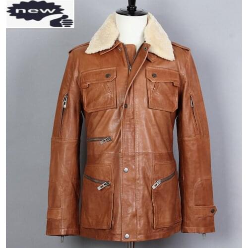 Mans Casual Lambswool Genuine Leather Men Multi-pocket Fur Collar Sheepskin Winter coat Slim Fit Long Bomber Jacket