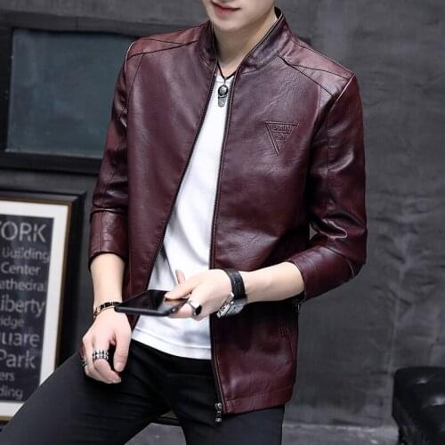 New Leather Jacket Male Slim Spring Fashion Zipper Pockets Leather Mens Jacket Pure Color Leisure