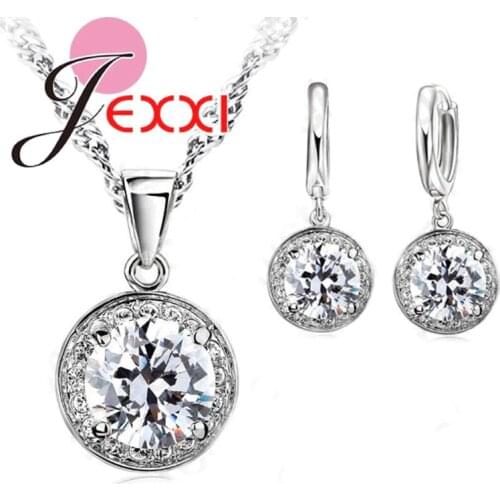 New Wedding Fine Jewelry Sets Real Pure 925 Sterling Silver Cubic Zircon CZ Pendant Necklaces Earring Jewelry Set