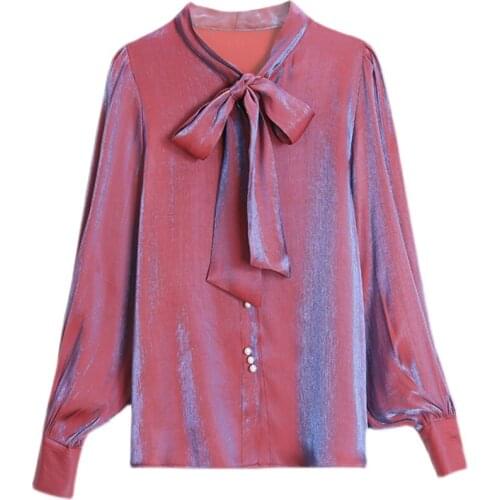 PERHAPS U Women Fashion Long Sleeves Satin Blouse Vintage Femme Bowknot O-Neck Street Shirts Elegant Imitation Silk Blouse B3039