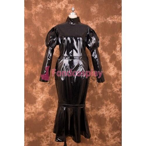 Sexy Lockable Black PVC Sissy Maid Long Tight Dress Cosplay Costume Uniform[P004]